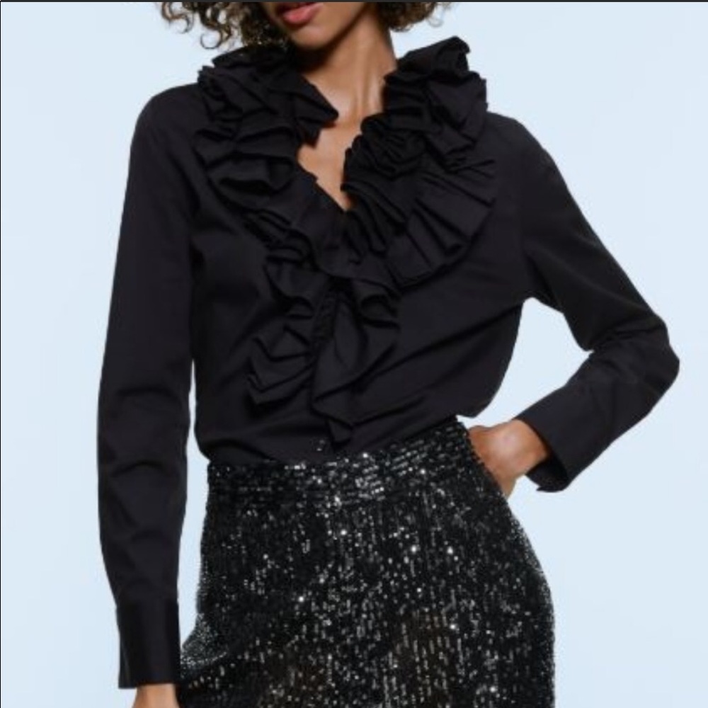 Zara Ruffled Black Poplin Shirt
